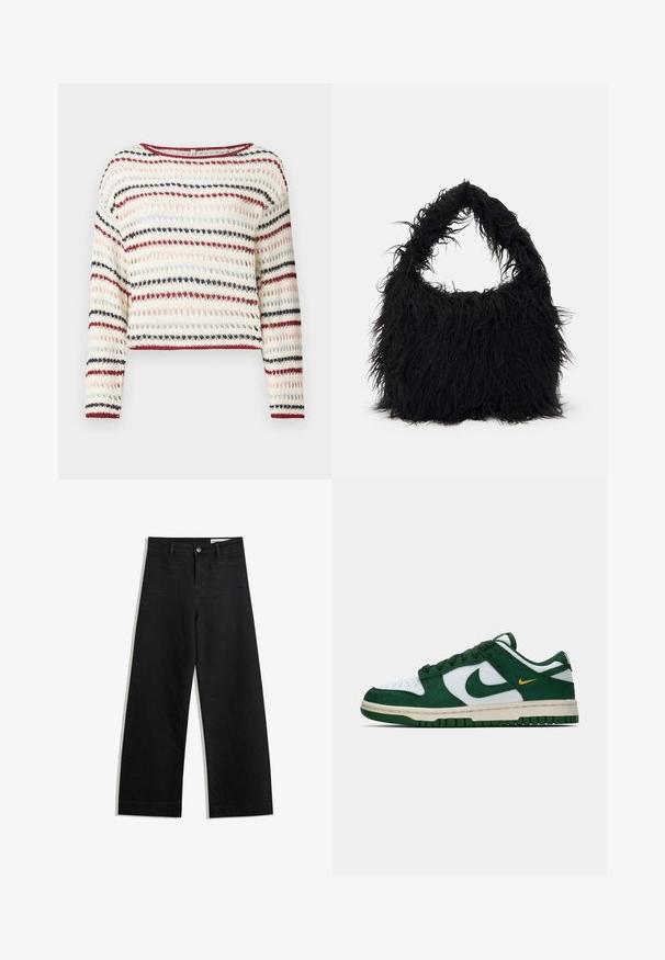 Hæklet sweater med lange ærmer, rund halsudskæring; har skiftende striber i creme, rød, navy og lyserød; tekstureret mønster.; Sorte wide-leg denim bukser med høj talje, der har front- og baglommer, syede sømme og en knaplukning. Glat tekstur.; Lave Nike sneakers i hvid og mørkegrøn ruskind med matchende grøn swoosh og en lille gul swoosh accent på siden.; Even&Odd Shopping bags - black