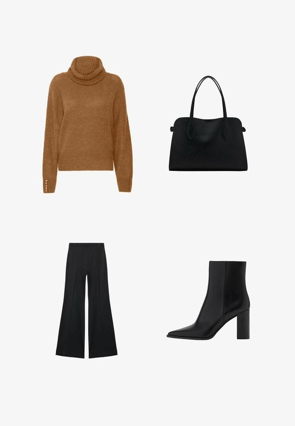Brązowy sweter zapięty na szyi o miękkim, teksturowanym wykończeniu i długich rękawach. Posiada perłowe dodatki na mankietach.; Czarne spodnie o szerokich nogawkach z gładką teksturą, z przodu ozdobione zakładkami i skrojonym fasonem. Materiał jest lekki i zwiewny.; Czarny skórzany botek za kostkę z ostrywnym noskiem, kwadratowym obcasem, gładką fakturą oraz detalami szycia wzdłuż szwów. Wysokość obcasów wynosi około 3,5 cala.; Czarna skórzana torba na ramię z podwójnymi paskami, prostokątny kształt i minimalistyczny design na białym tle.