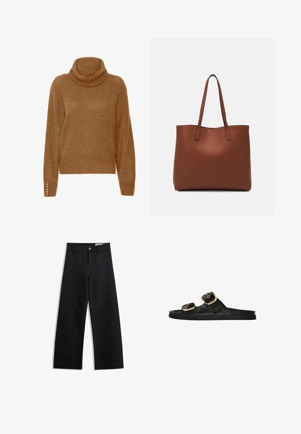 Bruine turtleneck trui met een zachte, tekstuurrijke afwerking en lange mouwen. Bevat parelachtige accenten op de manchetten.; Zwarte denim broek met wijde pijpen en een hoge taille, voorzien van voor- en achterzakken, gestikte naden en een knoopsluiting. Gladde textuur.; Zwarte slipper met twee gouden gesps, gladde textuur, platte zool en een minimalistisch ontwerp.; Bruine leren tote bag met een gladde textuur, een ontwerp met een open bovenkant en twee schouderbanden. Kenmerkt zich door minimale stiksels en geen zichtbare hardware.