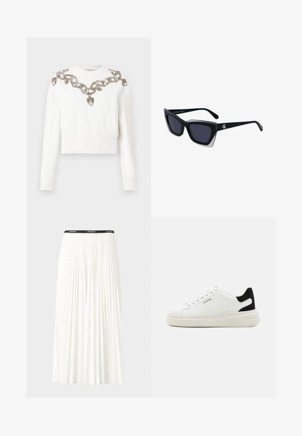 Felpa bianca corta con maniche lunghe, caratterizzata da un motivo a catena e cuori in filo metallico lungo il colletto e le spalle.; Gonna bianca plissettata con elastico nero in vita che presenta il logo "LACOSTE". Design di lunghezza media con texture morbida.; Sneaker bianchi in pelle con suola spessa bianca, accento in suede nero sul tallone e logo impresso sul lato. Design con lacci e sei fori per i lacci.; Occhiali da sole oversize neri dalla forma geometrica, con lenti scure e un dettaglio grigio a contrasto sulla montatura. Logo sul braccio.