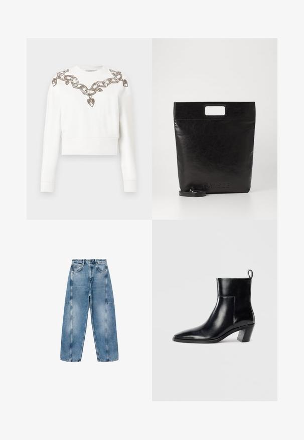 Valge lühendatud pusak, millel on pikad varrukad, kaunistatud metalltrossist rantide ja südame mustriga kaeluses ja õlgadel.; Heledad sinine teksade puhul on lahtine lõige, suured taskud ja kontrastne piste. Kanga pinnal on kulunud viimistlus ning sile tekstuur.; Must musta saapad terava nina, geomeetrilise kuuega ja tagaküljel tõmberaudaga. Sile tekstuur ja läikiv disain.; Must mustrikotest läikega must nahast kott ruudukujulise käepidemega, millel on tekstuuriga viimistlus ja reljeefne logo. Kohandatav rihm on eemaldatav.