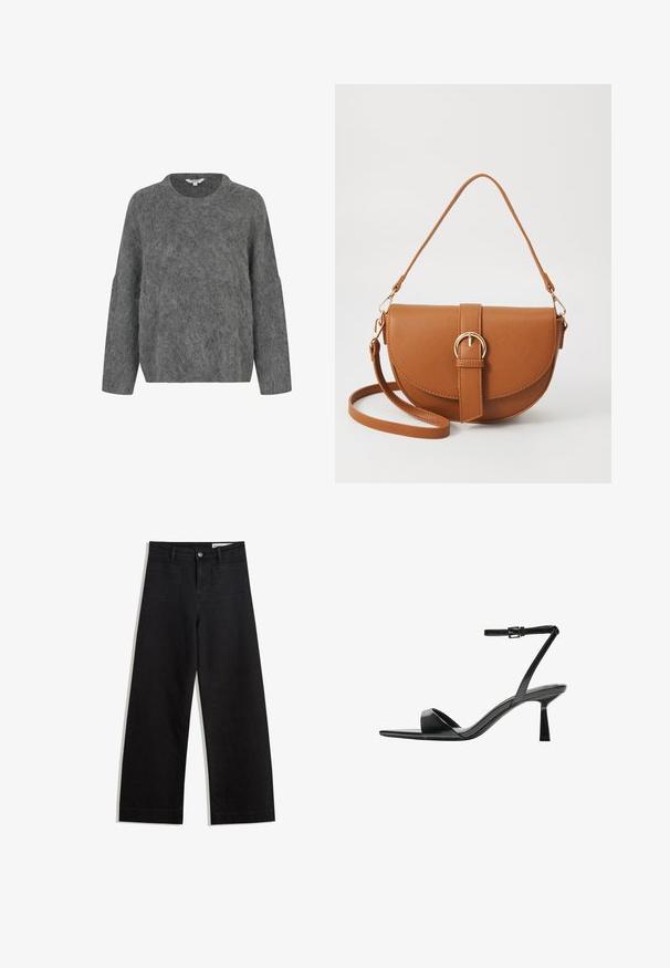 mbyM GILLIS-M - Svetr - dark grey melange; Černé denimové kalhoty s volným střihem a vysokým pasem, vybavené předními a zadními kapsami, prošívanými švy a knoflíkovým zapínáním. Hladká textura.; Bershka Sandály na vysokém podpatku - black; Hnědá kožená křížová taška s zakřiveným tvarem, zlatými detaily a akcentem s přezkou. Obsahuje odnímatelný popruh na rameno.