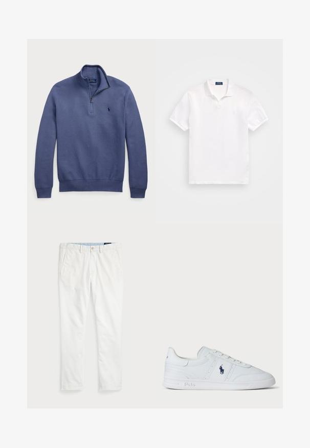 Tumši zils džemperis ar puszipsa apkakli, adīta tekstūra un izšūts logo uz krūtīm. Ribināti aproces un apakša. Viegls audums.; Balts polo krekls, izgatavots no kokvilnas, ar divu pogu aizdari, īsām piedurknēm un smalku logotipu kreisajā krūtīs. Gluda tekstūra.; Baltās kokvilnas chinos bikses ar gludu priekšu, jostu cilpām, divām sānu kabatām un vienu aizmugures kabatu. Gluda tekstūra ar taisnu kāju.; Baltas ādas sneakers ar gludu tekstūru, ar auklu aizdari, tumši zilu zīmolu sānos un izturīgu gumijas zolīti.