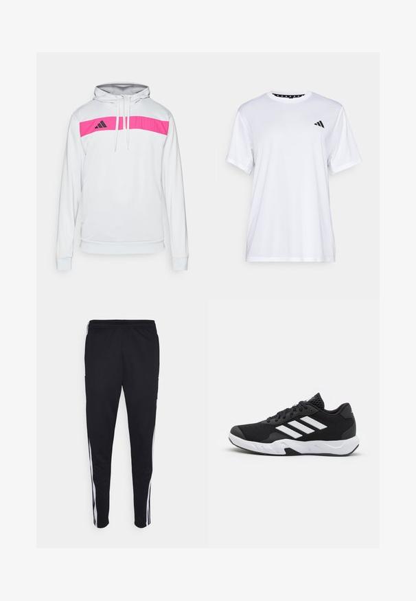 Felpa bianca con un'applique rosa orizzontale sul petto, logo nero sul lato sinistro, cappuccio con lacci e polsini aderenti.; Maglietta sportiva bianca a maniche corte, realizzata in tessuto traspirante. Presenta un logo nero sul lato sinistro del petto e un collo interno a fantasia.; Pantaloni sportivi neri con una vestibilità rilassata, con strisce bianche sui lati, vita con cordoncino e due tasche laterali. Realizzati in tessuto morbido.; Scarpe da ginnastica nere con una tomaia in mesh texturizzata, strisce bianche di accento, suola imbottita e tallone rinforzato per supporto.