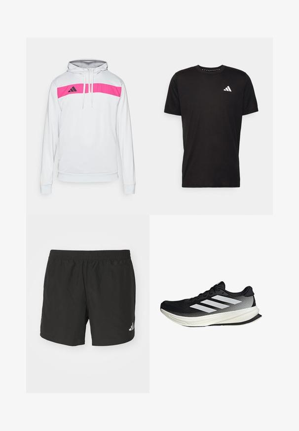 Hvid hoodie med en pink horisontal stribe over brystet, sort logo på venstre side, snørehuvud og tætsiddende manchetter.; Sort bomulds T-shirt med korte ærmer, rund hals og et hvidt logo på venstre bryst. Glat tekstur og enkelt design.; Sorte atletiske shorts med elastisk talje, sideskår og reflekslogo detajler. Fremstillet af letvægts, glat stof.; Sort atletisk sko med mesh-design, der har hvide striber, en rund tå og en tekstureret sål for greb og støtte.