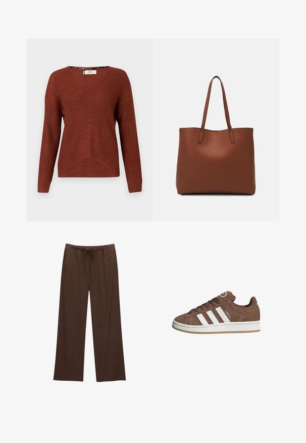 Maglione lavorato a maglia color ruggine con scollo a V, maniche lunghe e un motivo testurizzato. Presenta un design a coste discreto e una vestibilità morbida.; Pantaloni larghi marroni realizzati in tessuto morbido, con vita elastica e cordoncino, e due tasche laterali.; Sneakers in suede marrone con strisce in pelle bianca, suola in gomma, punta rotonda e lacci. Presentano un logo sulla linguetta e dettagli perforati.; Borsa tote in pelle marrone con texture liscia, design con apertura superiore e due spallacci. Presenta cuciture minime e nessun hardware visibile.