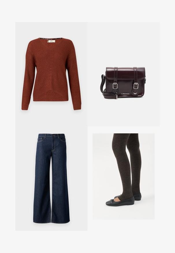 Svetr v rezavé barvě z pleteniny s výstřihem do V, dlouhými rukávy a texturovaným vzorem. Obsahuje jemný žebrovaný design a volný střih.; Džínsy s širokými nohavicemi v tmavě modré barvě. Mají kontrastní švy, pět kapes a zapínání na knoflík v pase. Hladká textura.; Černé ploché boty s malou mašlí na špičce, kombinované s tmavě hnědými žebrovanými punčochami. Boty mají hladký povrch a nízký profil.; Burgundská lakovaná křížová taška obdélníkového tvaru, se dvěma popruhy, stříbrnými kovovými doplňky a klopovým uzávěrem.