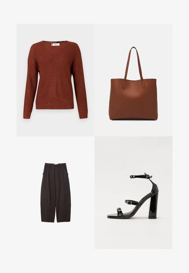 Pletiva u boji hrđe s V-izrezom, dugim rukavima i teksturiranim uzorkom. Ima diskretan rebrasti dizajn i slobodan kroj.; Crne široke hlače napravljene od glatke tkanine, s visokim strukom, prednjim nabranjima i bočnim džepovima. Jednostavan dizajn bez ukrasa.; Crne lakirane sandale na visoku petu s dva remena s kopčama, kvadratnim vrhom i masivnom blok petom, s glatkom, sjajnom teksturom.; Smeđa kožna torba preko ramena s glatkom teksturom, otvorenim vrhom i dvjema naramenicama. Ima minimalne šavove i nema vidljivog hardvera.