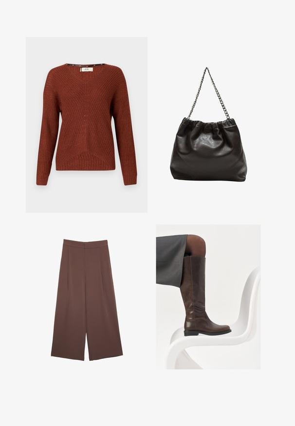 Maglione lavorato a maglia color ruggine con scollo a V, maniche lunghe e un motivo testurizzato. Presenta un design a coste discreto e una vestibilità morbida.; Pantaloni ampi marroni con una texture liscia, caratterizzati da una vita alta e pieghe frontali. Il tessuto è leggero e scorre liberamente.; Stivale in pelle marrone alto fino al ginocchio con punta arrotondata, superficie liscia e dettagli di cucitura minimi, posato su uno sfondo chiaro su una sedia bianca.; Borsa in pelle marrone con parte superiore arricciata e tracolla a catena. Texture liscia con finitura lucida e dettagli di cucitura sottili sui lati.