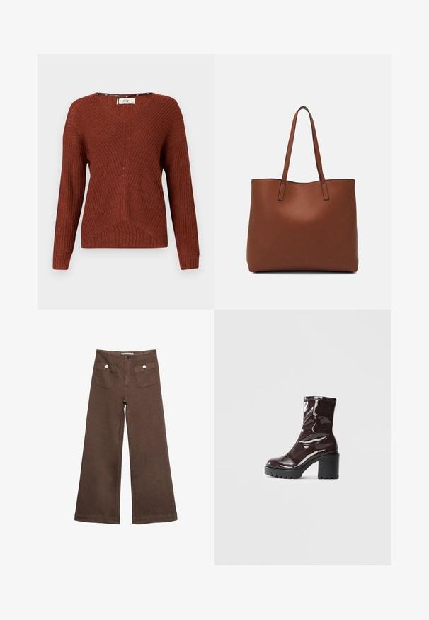 Pletiva u boji hrđe s V-izrezom, dugim rukavima i teksturiranim uzorkom. Ima diskretan rebrasti dizajn i slobodan kroj.; Smeđe široke hlače od pamuka, s dva prednja džepa sa srebrnim dugmadima i glatkom teksturom.; Sjajna burgundska čizma do gležnja s debelim crnim potplatom, koja se odlikuje glatkom teksturom i jednostavnim dizajnom. Nema vidljivih kopčanja ili uzoraka.; Smeđa kožna torba preko ramena s glatkom teksturom, otvorenim vrhom i dvjema naramenicama. Ima minimalne šavove i nema vidljivog hardvera.