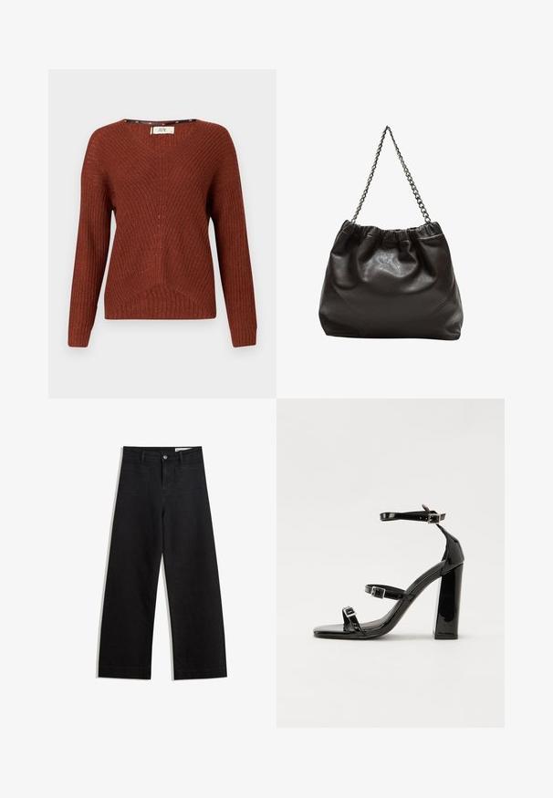 Pletiva u boji hrđe s V-izrezom, dugim rukavima i teksturiranim uzorkom. Ima diskretan rebrasti dizajn i slobodan kroj.; Crne široke traperice s visokim strukom, s prednjim i stražnjim džepovima, šivenim šavovima i kopčanjem na gumb. Glatka tekstura.; Crne lakirane sandale na pete sa kvadratnim nosom, trakama oko gležnja i srebrnim kopčama. Imaju čvrst blok petu za stabilnost.; Smeđa kožna torba s naboranim vrhom i lančićem za nošenje. Glatka tekstura s sjajnim završetkom i suptilnim šavnim detaljima sa strane.