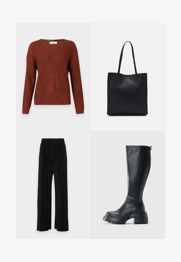 Pletiva u boji hrđe s V-izrezom, dugim rukavima i teksturiranim uzorkom. Ima diskretan rebrasti dizajn i slobodan kroj.; Crne plisirane hlače s elastičnim pojasom. Imaju široke nogavice i glatku, teksturiranu tkaninu s vertikalnim prugama.; Visoke crne kožne čizme s debelim platformskim đonom i blok petom, s patentom za povlačenje i teksturiranim uzorkom na potplatu.; Crna kožna torba za nošenje s glatkom teksturom, pravokutnim oblikom i dvije duge ručke. Nema vidljivih metalnih dijelova ili ukrasa.