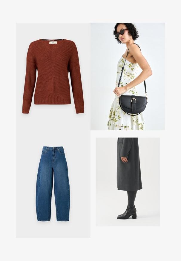 Rostfarbener Strickpullover mit V-Ausschnitt, langen Ärmeln und einem strukturierten Muster. Verfügt über ein dezentes Rippmuster und eine lockere Passform.; Denimjeans in einer mittleren blauen Waschung, mit hoher Taille, weit geschnittenem Bein und dem typischen fünf Taschen Design mit sichtbaren Nahtdetails.; Grau, maßgeschneiderter Überwurf mit geradem Schnitt; kombiniert mit knöchelhohen, schwarzen Lederstiefeln mit quadrater Zehenform und klobigem Absatz.; Schwarze Lederhandtasche mit geschwungener Form, abnehmbarem Tragegurt und goldenen Beschlägen. Die Tasche verfügt über einen Deckel mit einer Schnallen-Details.