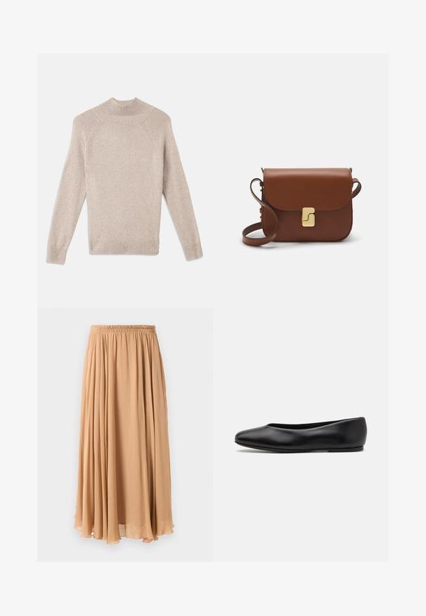 Pull en maille texturée beige clair avec un col montant côtelé, des manches raglan et des poignets et un ourlet côtelés. Tissu en tricot doux et confortable.; Jupe maxi en beige clair, en tissu fluide. Dotée d'une taille élastique froncée et de plis doux pour plus de mouvement.; Paul Smith TOPANGA - Ballerines - black; Sac à main en cuir marron avec une fermeture à rabat, des accents en métal doré, une bandoulière et une texture lisse. Forme rectangulaire compacte.