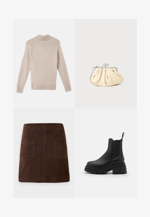 Light beige textured sweater with a high ribbed neckline, raglan sleeves, and ribbed cuffs and hem. Soft, cozy knit fabric.; Brown suede skirt featuring a classic A-line shape, two front pockets with rounded flaps, and subtle stitching details.; Black chelsea boots made of smooth leather with elastic side panels, a thick, ridged rubber sole, and a pull tab at the back.; Pleated beige leather clutch with a silver metal frame, featuring two round decorative clasps and a silver chain strap.
