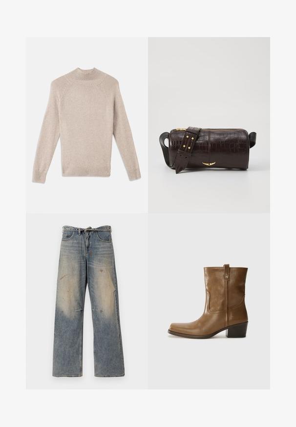 Licht beige, getextureerde trui met een hoge ribbelkraag, raglanmouwen en ribbels aan de mouwen en onderrand. Zacht, gezellig breiwerk.; Lichtblauwe denim jeans met een losse, recht gesneden pasvorm. Voorzien van slijtageplekken, vervaging en distressed details bij de knieën. Klassiek five-pocket ontwerp.; Bruine lederen enkelboot met een vierkante neus, gestructureerde afwerking en een lage blokhak. Voorzien van een handige achterste lus en subtiele stikdetails.; Bruine krokodil-embosserende leren tas met een cilindervorm, gouden hardware en een afneembare schouderband met studs.