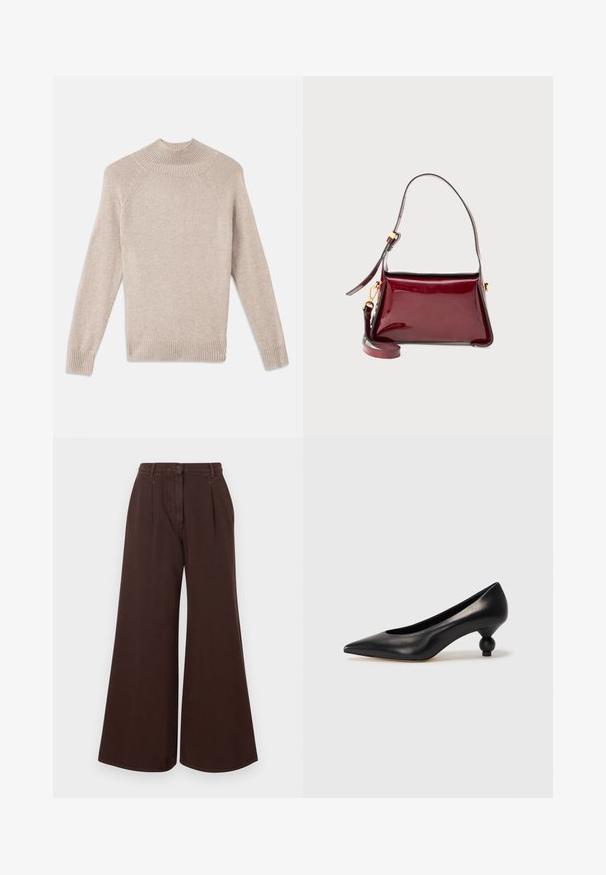 Vaalean beige teksturoitu neulepusero, jossa on korkea ribbauskaulus, raglan-hihat sekä ribbaustaskut ja helma. Pehmeä, mukava neulekangas.; Korkeavyötäröiset, leveälahkeiset ruskeat housut, joissa on nappi- ja vetoketjukiinnitys, vyölenkit ja etupuolen laskostus.; Musta nahkakengät korkealla korolla, joissa on terävä kärki ja pyöreä, pallomainen korko. Sileä pinta ja tyylikäs, minimalistinen muotoilu.; Burgundin värinen patentoitu nahkalaukku, jossa on jämäkkä muotoilu, ylhäältä avattava vetoketju ja irrotettava olkahihna. Kultaiset yksityiskohdat.; Pari pitkää tummanruskeaa nahkahansikasta asetettuna tasaisesti, näkyvillä ompeleet ja pieni hopeinen yksityiskohta toisen hansikkaan ranteen lähellä.