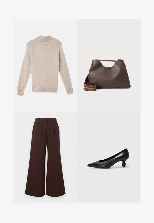Hellbeige strukturierter Pullover mit hohem geripptem Kragen, Raglanärmeln und gerippten Bündchen sowie Saum. Weicher, gemütlicher Strickstoff.; Hochtaillierte, weit geschnittene, braune Hose mit Knopf- und Reißverschluss, Gürtelschlaufen und frontalen Falten.; Schwarze Leder-Pumps mit spitzem Zehenbereich und runder, ballförmiger Ferse. Glatte Textur mit einem eleganten, minimalistischen Design.; Braune Lederhandtasche mit strukturiertem Finish, kantigem Design und einem markanten oberen Griff. Verfügt über ein gemustertes, geflochtenes Riemendetail.