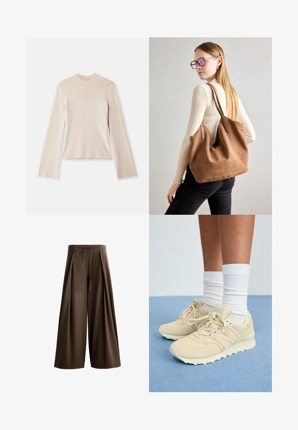 Vaaleanbeige pitkähihaisen pooloneuleen pehmeä rakenne, kapea muotoilu ja ribbaus kaula-aukossa. Yksinkertainen muotoilu, ilman kuvioita tai koristeita.; Ruskeat leveät housut, jotka on valmistettu teksturoidusta kankaasta. Housuissa on kiristysnauha vyötäröllä ja etupuolella laskokset.; Vaaleanbeige lenkkarit, joissa on mokkanahkaa, pehmeä kieli, pyöreä kärki ja teksturoitu pohja. Yhdistetty valkoisten urheilusuosikkisukkien kanssa.; Ruskea nubukkivuoriolaukku, jossa on pehmeä rakenne, tilava avaus ja pitkät hihnat. Ominaisuuksiin kuuluu yksinkertainen muotoilu näkyvine ompeleineen ja ilman metalliosia.