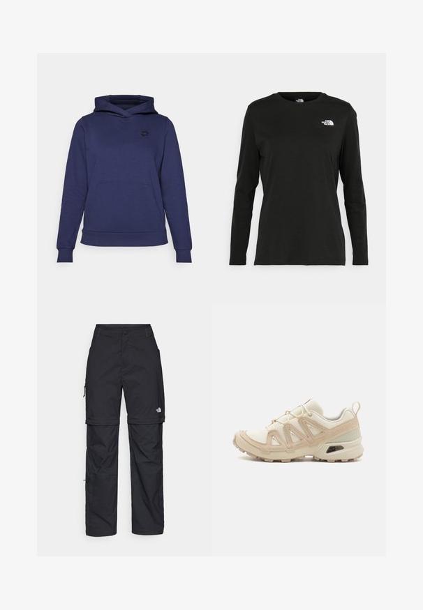 Tumši zilas krāsas kapuce, kas izgatavota no mīksta auduma, ar priekšējo kengura kabatu, ribotām piedurknēm un nelielu logotipu uz krūtīm.; Melnas garām piedurknēm T-krekls, izgatavots no kokvilnas ar apaļu kaklu. Tam ir mazs balts logo kreisajā krūtīs. Vienkāršs dizains un piegulums.; Melni nailona bikses ar noņemamām kājām, regulējamiem uzmavām, vairākām kabatām un logotipu uz labās kājas. Gluda, viegla tekstūra.; Beige un krēma sporta apavi ar strukturētu tīkla virsmu, atbalstošajiem slāņiem un gumijas zoli ar protektoru rakstu, kas nodrošina saķeri.