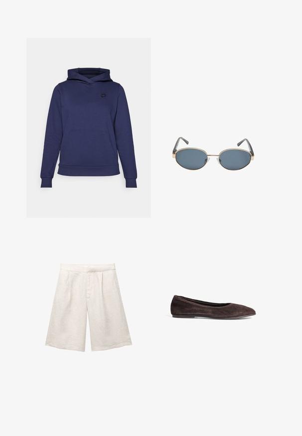 Pusero tummansinisestä pehmeästä kankaasta, jossa on edessä kenguru-tasku, ribbimaatut hihansuut ja pieni logo rinnassa.; Vaaleanbeige pellavashortsit, joissa on leveä lahje, etupuolella laskokset ja sileä vyötärö. Kangas on hieman tekstuurinen.; Ruskeat mokka ballerinat, joissa on terävä kärki ja matala profiili. Ominaisuuksiin kuuluu sileä pintakuvio ja minimalistinen muotoilu. Ei näkyvää metallia tai koristeita.; Silmukat ovaliset aurinkolasit tummilla linsseillä, kultaisissa metallikehyksissä ja harmaissa varsissa. Kehykset ovat minimalistisen muotoilun omaavat, joissa on huomaamaton sillan aksentti.
