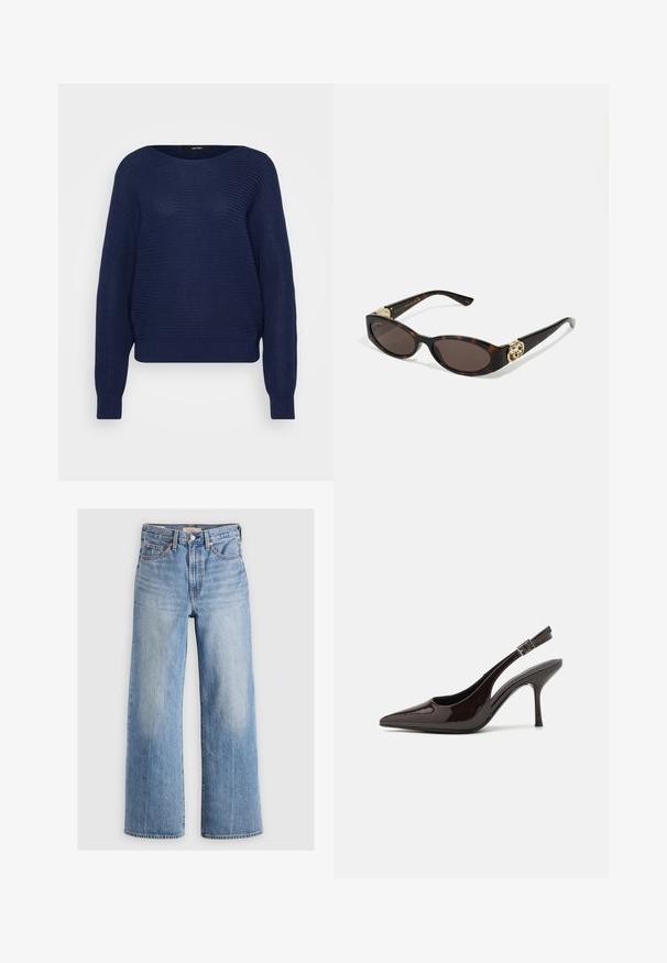 Tums zilas adīts džemperis ar apaļu kakla izgriezumu, nolaištiem pleciem un ribotaām aprocēm un apakšmalu. Auduma virsmā teksturēts raksts.; Gaiši zili denima plati kāju džinsi ar augstu jostasvietu, izbalējušām vietām, piecām kabatām un kontrastējošiem šuvumiem. Klasiska pogas un rāvējslēdzēja aizdare.; Slingback augstpapēžu kurpe ar spīdīgu tumši brūnu lakotu ādu, ar norādītu purngalu, atvērtām pusēm un regulējamu potītes siksniņu.; Tīģerbrūnā sauļošanās brillēm ar izstieptām ovālām lēcām, brūnu tonējumu, zeltītiem logotipa akcentiem uz tempļiem un plānām melnām kājām.; Zelta vērpes auskari ar caurspīdīgu aizmuguri, ar struktūrētiem zelta akcentiem un maziem caurspīdīgiem dārgakmeņiem, kas iestrādāti dizainā.