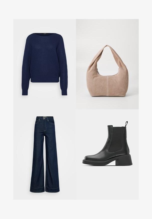Suéter de punto azul marino con cuello redondo, hombros caídos y puños y dobladillo acanalados. Patrón texturizado en toda la tela.; Jeans oscuros de tiro alto y perneras anchas con bolsillos frontales, pasadores de cinturón, cierre de botón y costuras visibles sobre un fondo blanco.; Botas de cuero negro hasta el tobillo con paneles laterales elásticos, punta redondeada y un tacón grueso. Textura suave con un diseño minimalista.; Bolso hobo hecho de un material suave de ante en un color beige claro. Presenta una forma redondeada con una correa ancha y cierre de cremallera.