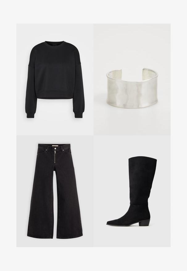 Sweatshirt cropped de mangas longas, preto, com decote redondo e punhos e bainha canelados, sobre um fundo cinza claro liso.; Calças de ganga de perna larga em denim preto com fecho éclair à frente, design de cinco bolsos e detalhes de costura subtil. Textura suave e estilo casual.; Bota de camurça preta até ao joelho com tacão baixo e bico pontiagudo, apresentada em vista lateral sobre um fundo cinza claro liso.; Zign Pulseira - silver-coloured