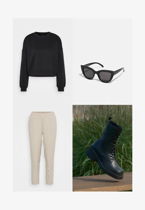 Fekete, hosszú ujjú, cropped pulóver kerek nyakkivágással, ribbelt mandzsettával és aljjal, egyszerű világosszürke háttéren.; Vero Moda Petite VMJESMILO ANKLE PANTS - Nadrágok - silver lining; Fekete bőrből készült bokacsizma, kerek orral, fűzős elejével és vastag, tömzsi sarkával. Jellemzője a részletes varrás és a sima felület.; Fekete macskaszem napszemüveg matt felülettel, szürke árnyalatú lencsékkel, éles vonalakkal és karcsú oldalsó karokkal. A márkaneve látható a belső karon.