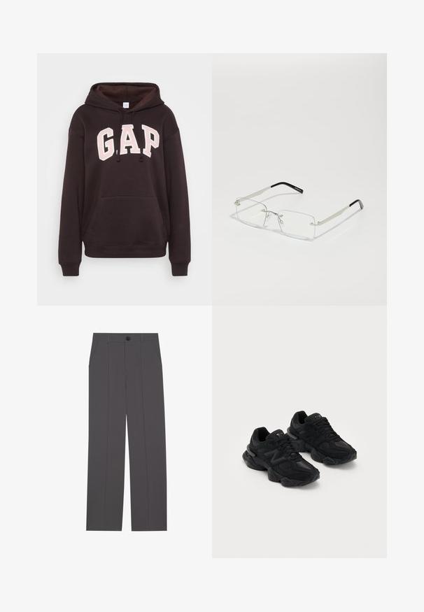 Felpa nera con cappuccio caratterizzata da un grande logo "GAP" ricamato in rosa sulla parte frontale, tasca a marsupio, cappuccio con lacci e polsini a costine.; Pantaloni grigi con un design a gamba dritta, dotati di due tasche laterali e chiusura con bottone. Tessuto liscio senza motivi o accenti visibili.; Scarpe da ginnastica nere con tomaia testurizzata, caratterizzate da un distintivo logo "N", suola imbottita e un profilo elegante e moderno.; Occhiali rettangolari con lenti trasparenti, montatura in metallo sottile di colore argento e punte in acetato nero. Presentano un design elegante caratterizzato da un hardware minimale.