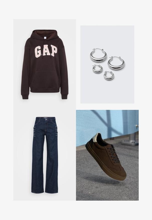 Melnā kapuce ar lielu, rozā izšūtu "GAP" logo priekšā, kangaru kabatu, kapuces aukliņu un ribinātām piedurknēm.; Tumši zili džinsu platmalu bikses ar auklu akcentiem sānos, kontrastējošu oranžo diegu un klasisku piecu kabatu dizainu.; Brūni zamšādas zemi topi čības ar melnām auklām, ar baltu papēdi un strukturētu šuvju detaļām. Gumijas zole.; Četras sudarbītas sudraba apliņu auskaru pāri dažādos izmēros: lieli gludi apļi un mazākas noapaļotas formas ar pulētu apdari un vienkāršām aizdares.