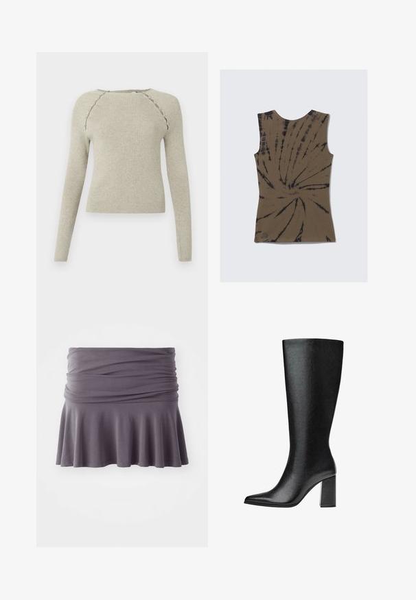 Envii ENLANA - Svetr - chinchilla mel; Hnědý top bez rukávů s tie-dye vzorem a černými víry. Vyrobeno z měkké tkaniny, má kulatý výstřih a přiléhavý střih.; Šedá sukně po kolena vyrobená z měkké tkaniny se shromážděným pasem a rozšířeným spodním okrajem. Vyznačuje se hladkou texturou a jednoduchým designem.; Černé kozačky nad kolena vyrobené z umělé kůže s špičatou špičkou, hladkým povrchem a robustním blokovým podpatkem. Minimalistický design bez viditelných dekorací.