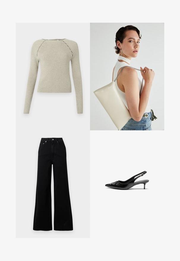 Hellbeiger, gerippter Strickpullover mit langen Ärmeln, Rundhalsausschnitt und dekorativen, geschwungenen Nähten entlang der Schulter. Weiche Textur.; Schwarze Jeans mit weitem Bein, gefertigt aus Denim, mit hoher Taille, fünf Taschen, vorderer Knopfverschluss und minimalen Nahtdetails.; Schwarze Slingback-Pumps aus Leder mit spitz zulaufender Schuhspitze, niedrigem Kitten-Heel und gerafftem Detail am Vorderblatt. Glatte Textur und minimalistisches Design.; Weiße rechteckige Clutch aus glänzendem Material mit einem silbernen Kettenriemen. Das Model posiert und präsentiert die Tasche vor einem schlichten Hintergrund.