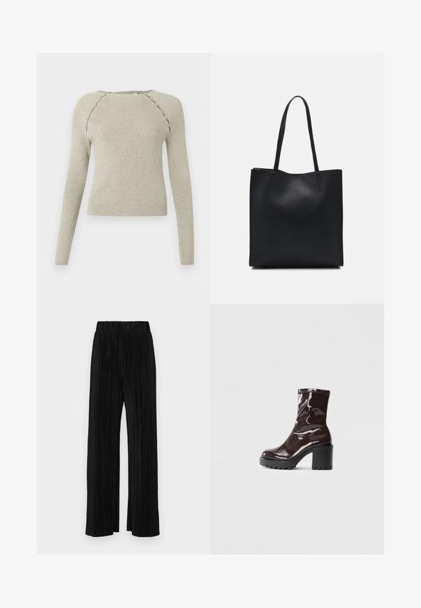 Light beige ribbed knit sweater with long sleeves, round neckline, and decorative scalloped seams along the shoulder. Soft texture.; Black pleated trousers with an elastic waistband. Features wide legs and a smooth, textured fabric with vertical stripes.; Glossy burgundy ankle boot with a chunky black heel, featuring a smooth texture and simple design. No visible fastenings or patterns.; Black leather tote bag with smooth texture, rectangular shape, and two long handles. No visible hardware or embellishments.