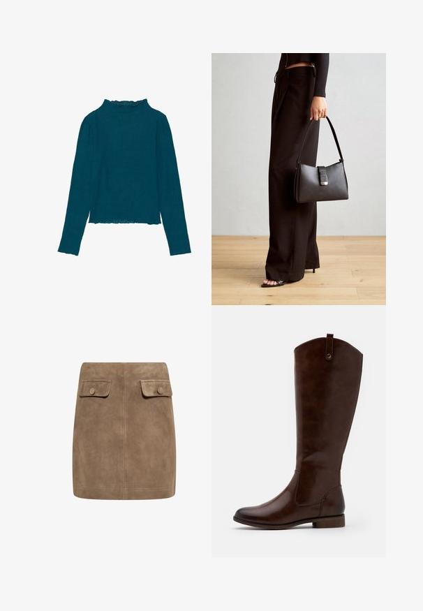 Žalias prigludęs ilgomis rankovėmis viršus su aukštu volaniniu apykakle ir tiesia apatine dalimi, su tekstūruota medžiaga ir prigludusia forma.; Ruda zomšinė mini sijonas su lygiu paviršiumi, turintis dvi priekinės kišenes su atverčiamais dangteliais ir mygtukų užsegimus kiekvienoje pusėje. Paprasta, tiesi konstrukcija.; Rudi iki iki iki tamsiai rudos odos, su apvaliu kojų pirštu, žemu storžieviu kulnu ir subtilia siūlų rašto linija šonuose.; Juodas rankinė struktūrizuota forma, lygi tekstūra ir metalinis užsegimas. Suporuota su plačiomis juodomis kelnėmis ir atvirais bateliais ant medinių grindų.