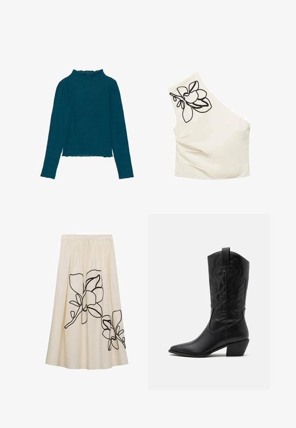 Teal ribbed long-sleeve top with a high ruffled neckline and a straight hemline, featuring a textured fabric and fitted design.; Asymmetrical cream top with a single strap. Features black floral embroidery on the shoulder. Smooth fabric with a fitted design.; Cream-colored skirt with black floral embroidery, featuring a gathered waist and flowing design, made from a lightweight fabric.; Black leather cowboy boot with pointed toe, embossed swirling patterns, and a mid-height heel. Features a pull tab for easy wear.