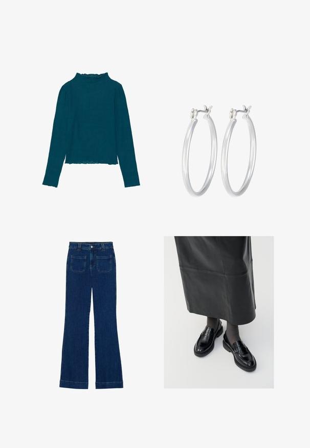 Top a maniche lunghe color teal a coste con un collo alto arricciato e un orlo dritto, caratterizzato da un tessuto testurizzato e una vestibilità aderente.; Jeans a zampa d'elefante in denim di colore blu scuro, con una consistenza liscia, design a cinque tasche e chiusura a bottone in vita.; Mocassini in pelle nera con una finitura liscia, dotati di una fascia decorativa, punta rotonda e suola texturizzata. Indossati con una lunga gonna in pelle nera.; Orecchini a cerchio in argento con una finitura liscia e lucida. Forma rotonda e chiusura a scatto sicura. Design leggero adatto per l'uso quotidiano.