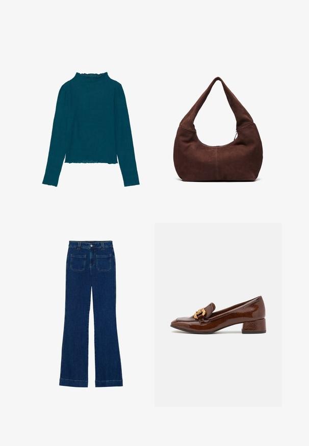 Tirkizna rebrasta majica s dugim rukavima, visokim naboranim izrezom i ravnim rubom, s teksturiranim materijalom i prilagođenim krojem.; Traperice širokog kroja u tamnoplavoj boji s glatkom teksturom, dizajnom s pet džepova i zatvaranjem na dugme u struku.; Smeđe kožne mokasine s sjajnom završnom obradom, s ukrasnom zlatnom kopčom sprijeda i niskim blok petama. Klasičan dizajn.; Smeđa suknjena hobo torba s zakrivljenom, širokom ručkom i velikim otvorom. Mekana tekstura s vidljivim šavovima duž rubova.