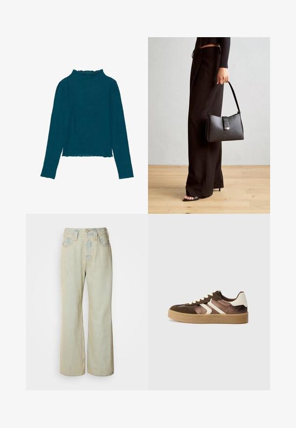 Teal ribbad långärmad topp med hög volangkrage och rak nederkant, med en texturerad tyg och slimmad design.; Ljusblå vida jeans i denim med hög midja, fem fickor och subtila blekningar med kontrasterande sömsyn.; Bruna och krämfärgade sneakers med en kombination av mocka och satinmaterial, med tre diagonala ränder och en texturerad gummisula.; Svart handväska med strukturerad form, slät yta och metallspänne. Matchad med vida svarta byxor och sandaler med öppen tå på trägolv.; Silverörhänge med polerad yta, med små detaljer i guld och rund form, bärs på loben.