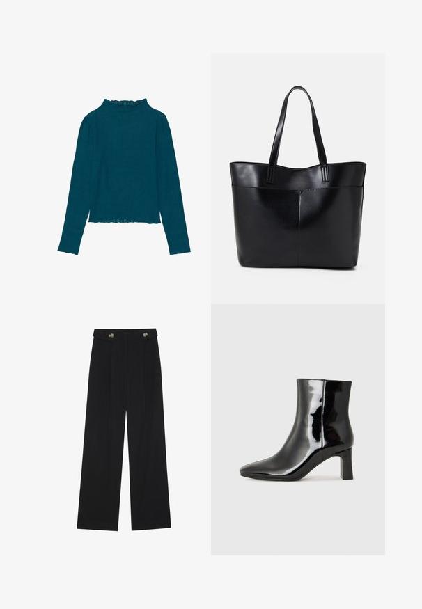 Teal ribbed long-sleeve top with a high ruffled neckline and a straight hemline, featuring a textured fabric and fitted design.; Black wide-leg trousers with high waist, button details on waistband, and front pleats.; Black patent leather ankle boot with a pointed toe and a mid-height block heel. Smooth texture and minimalist design.; Black leather tote bag with two long handles, a smooth texture, and a structured shape. Features a front pocket for additional storage.
