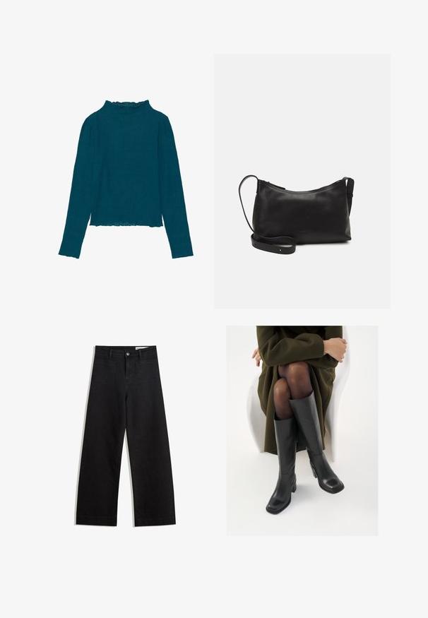 Tengerszínű bordázott hosszú ujjú felső magas fodros nyakkivágással és egyenes szegéllyel, strukturált anyaggal és testhezálló fazonnal.; Fekete, bő szabású farmernadrág magas derékkal, elülső és hátsó zsebekkel, varrott felületekkel és gombos záródással. Sima textúra.; Térdfelett érő fekete bőr csizmák négyzet alakú orral és tömbtalppal, olajzöld kabátban ülő modellel bemutatva. Simaság, minimalista részletezés.; Fekete bőr válltáska sima felülettel, ívelt formával, állítható pánttal és cipzáras záródással. Minimalista dizájn díszítmények nélkül.
