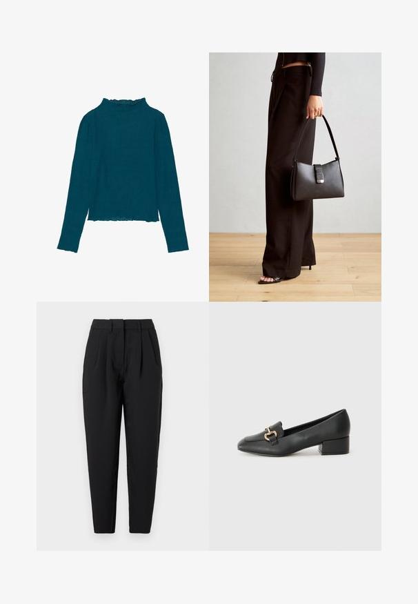 Teal pitkähihainen paita, jossa on korkea röyhelökaulus ja suora helma. Paidassa on teksturoitu kangas ja tiukka malli.; Mustat suorat housut, joissa on etupuolella laskokset, sileä pinta ja sivutaskut. Vyötärönkorkeus on normaali.; Musta nahkainen loaferit matalalla korolla, joissa on koristeellinen kultainen yksityiskohta edessä ja sileä pinta.; Musta käsilaukku, jossa on rakenteellinen muoto, sileä pinta ja metallinen solki. Yhdistetty leveisiin mustiin housuihin ja avonaiheisiin sandaaleihin puulattialla.