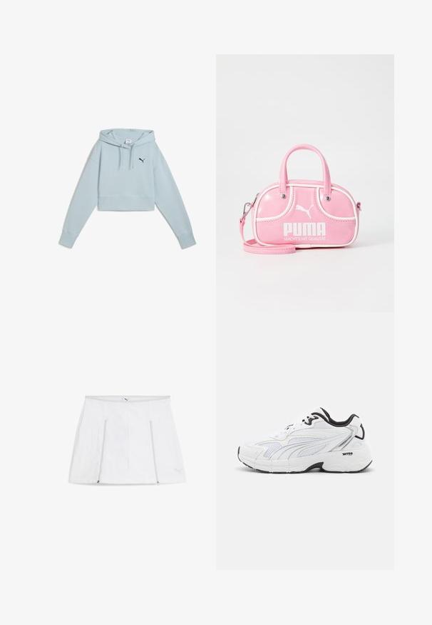 Felpa cropped azzurro chiaro realizzata in tessuto morbido, dotata di tasca a marsupio frontale, cappuccio con coulisse e logo navy sul lato sinistro del petto.; Gonna sportiva bianca con vita piatta, tasche con zip su entrambi i lati e dettaglio del logo in basso a destra. Tessuto liscio e leggero.; Sneaker sportivo bianco con upper in rete, dettagli neri, pannellatura testurizzata e suola ammortizzata per comfort e supporto.; Borsa sintetica rosa con forma arrotondata, doppio manico, tracolla removibile, dettagli bianchi e un logo bianco ben visibile sulla parte frontale.