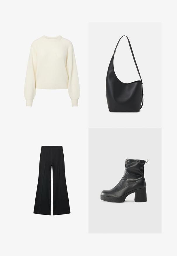 Kremna dolgoročna pletena majica z dolgimi rokavi z rebrastim okroglim ovratnikom, manšetami in robom.; Črne široke hlače z gladko teksturo, ki imajo sprednje nabore in kroj po meri. Tkanina je lahka in zračna.; Črne gležnjarje iz gladke kože z božnim zadrgo, masivnim teksturiranim peto in zaobljeno obliko prstov.; Črna usnjena hobo torba z gladko teksturo, ukrivljeno obliko in eno nastavljivo naramnico; ima širok odprtina na vrhu.
