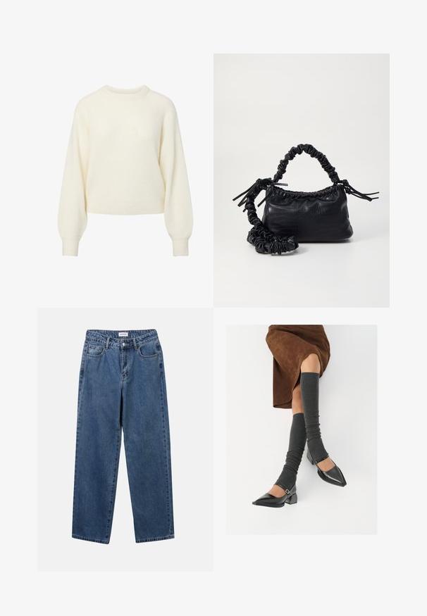 Kremna dolgoročna pletena majica z dolgimi rokavi z rebrastim okroglim ovratnikom, manšetami in robom.; Klasične modre jeans hlače s ravnim krojem, petimi žepi in gumbom za zapiranje. Imajo srednje pranje in trdno teksturo.; Črne lakirane čevlje s pointy prsti in blok peto ter z naramnicami za gleženj, ki jih kombiniramo s sivimi rebrastimi nogavicami in rjavim suknjičem iz usnja.; Črna torbica iz umetnega usnja s krokodilovo teksturo, z zvitim vrhom in zmečkano naramico. Zdi se mehka in kompaktna v oblikovanju.