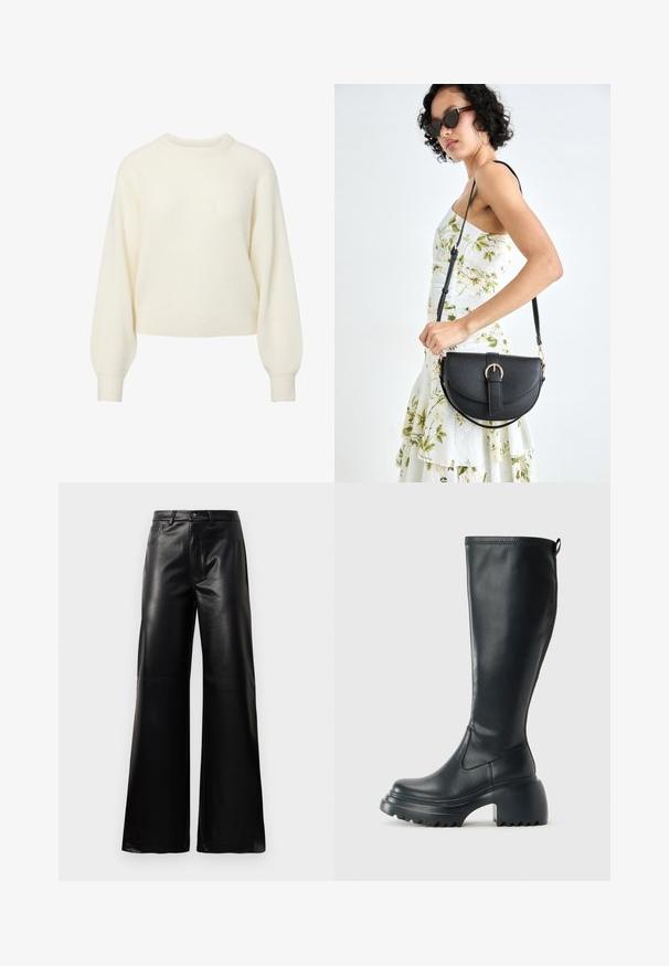 Kremfarget langermet strikkegenser med rillede rundhals, mansjetter og nederkant.; Sorte høy midje vide ben bukser i imitert skinn med knapp foran, glidelås, beltehemper og sidelommer på hvit bakgrunn.; Høy svart lærstøvel med chunky plattformsåle og blokkhelt, med trekkstang og teksturert mønster på yttersålen.; Svart lærveske med en buet form, avtagbar stropp og gullbeslag. Vesken har et klaff med spenne-detall.