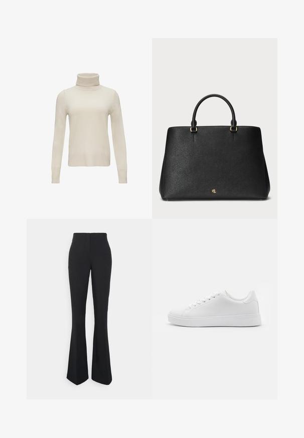 Crème-kleurige coltrui gemaakt van zachte gebreide stof. Lange mouwen met aansluitende manchetten, naadloos ontwerp en geribbelde halslijn.; ONLY Tall ONLEDINA FLARE PANT - Broek - black; Witte sneakers met een gladde synthetische bovenkant, ronde neus, zes oogjes voor veters en een lage rubberen zool met textuurdetails.; Zwarte leren handtas met een gestructureerd ontwerp, een gladde textuur en twee bovenhandvatten. Beschikt over gouden accenten en een logo op de onderkant.