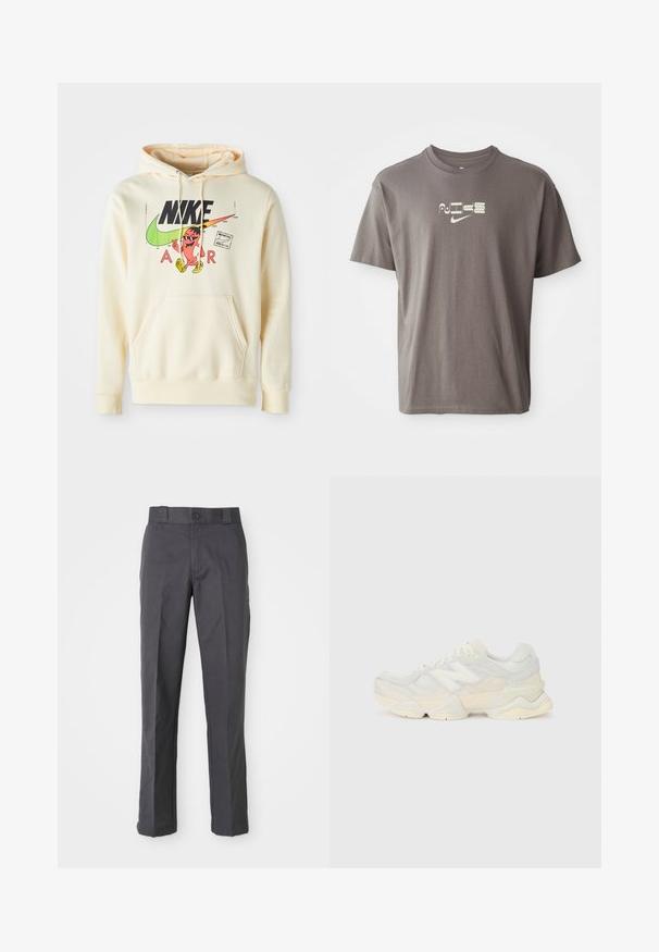 Felpa con cappuccio in crema chiaro con una grafica frontale che presenta un personaggio, il logo Nike e il testo "AIR". Tasca a canguro e polsini a coste.; T-shirt marrone a maniche corte con il logo "Nike" di colore chiaro stampato sulla parte anteriore, caratterizzato da una vestibilità casual e rilassata.; Pantaloni grigi scuri in misto cotone, con design a gamba dritta, tasche anteriori e chiusura con bottone in vita.; Sneaker leggera con tomaia in rete e camoscio in morbide tonalità crema, dotata di una suola spessa e di accenti tridimensionali.