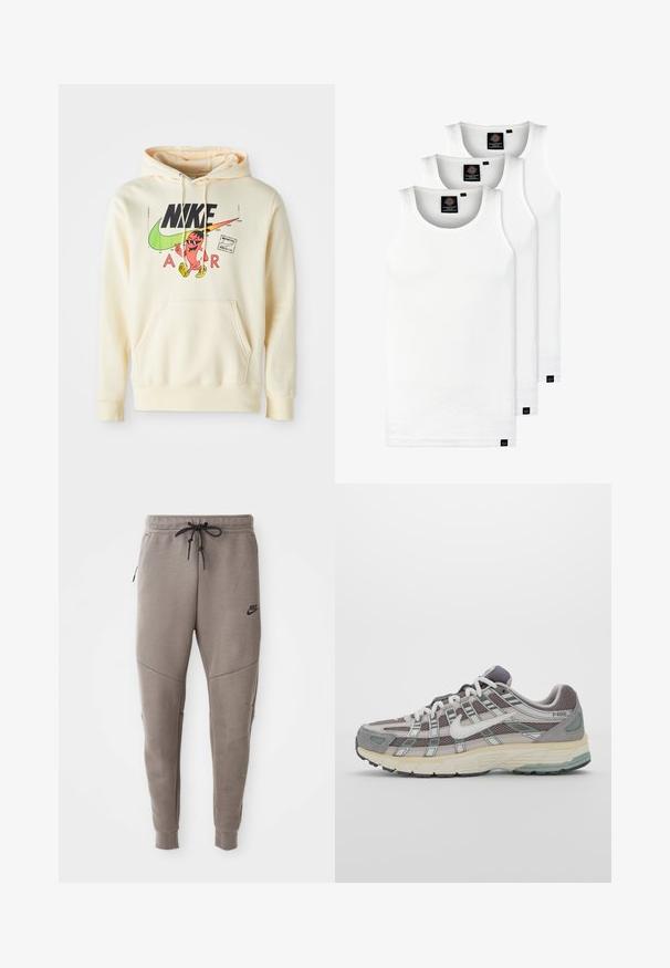 Sweatshirt com capuz em creme claro, com uma estampa frontal apresentando um personagem, o logótipo da Nike e o texto "AIR". Possui um bolso canguru e punhos canelados.; Três tops em algodão de alças brancas com nervuras. Apresentam um decote redondo e pequenas etiquetas pretas perto da bainha. Disponíveis em vários tamanhos.; Calças de treino cinzentas da Nike com um cós elástico ajustável, pernas ajustadas, bolsos laterais e pormenores de costura distintos. Tecido suave e texturizado.; Sapatilha atlética cinza com parte superior em malha e camurça, detalhes brancos, sola acolchoada e um design distinto com elementos refletivos.
