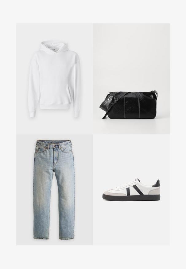 Hanorac alb cu glugă fabricat dintr-un material moale, având o buzunare în față tip cangur și manșete cu nervuri. Design simplu și clasic, cu un croi lejer.; Jeans din denim de culoare albastru deschis, cu talie înaltă, nasture frontal, fermoar și design cu cinci buzunare, așezate platesc pe un fundal neutru.; Sneaker alb cu accente negre și gri, având un capac de vârf gri texturat, talpă din cauciuc negru și șireturi plate albe. Design elegant, stil minimalist.; Geantă de umăr din piele neagră cu închidere cu fermoar, având un corp texturat, cusături albe și o curea cu ochiuri argintii.